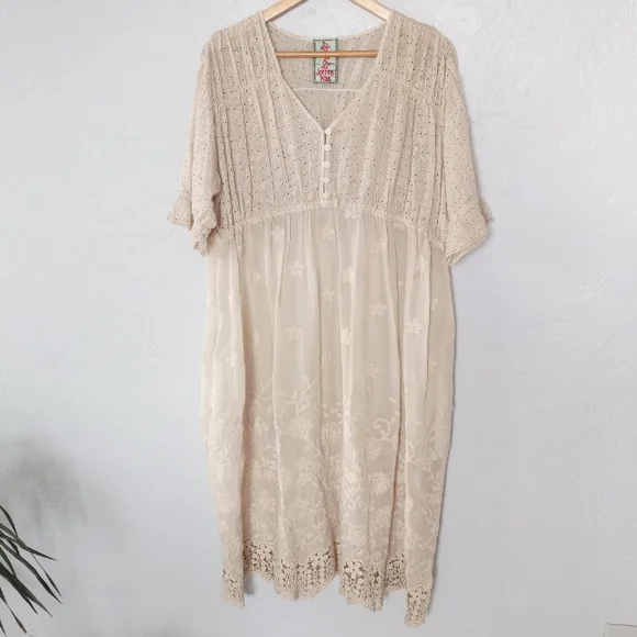 Johnny Was Ambre Midi Dress Embroidery Eyelet Empire Waist Ivory Cream L